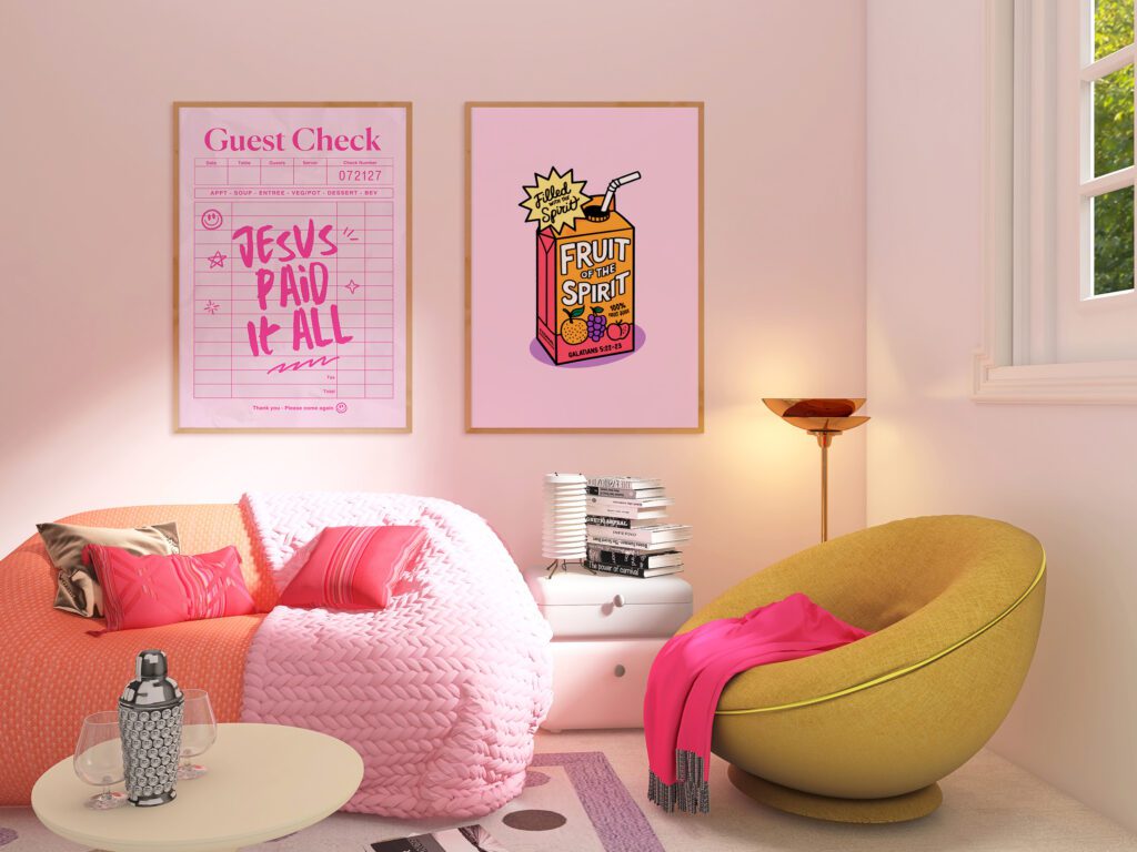 Cozy room with pink decor, bean bag, and two wall posters depicting art and text.